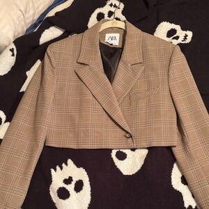 Zara Women's Tan Plaid Cropped Blazer